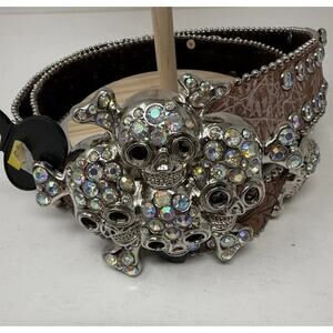 Rhinestone Western Belt Skull Brown Silver Clear Stone Unisex Size M New Leather